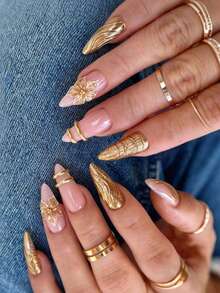 24 piezas de pegatinas de uñas 3D, forma de almendra mediana, diseño floral de línea dorada, reutilizables, cobertura completa de uñas artificiales, estilo de lujo, acabado mate, adecuado para uso diario de mujeres y niñas - Dorado - Ver 7