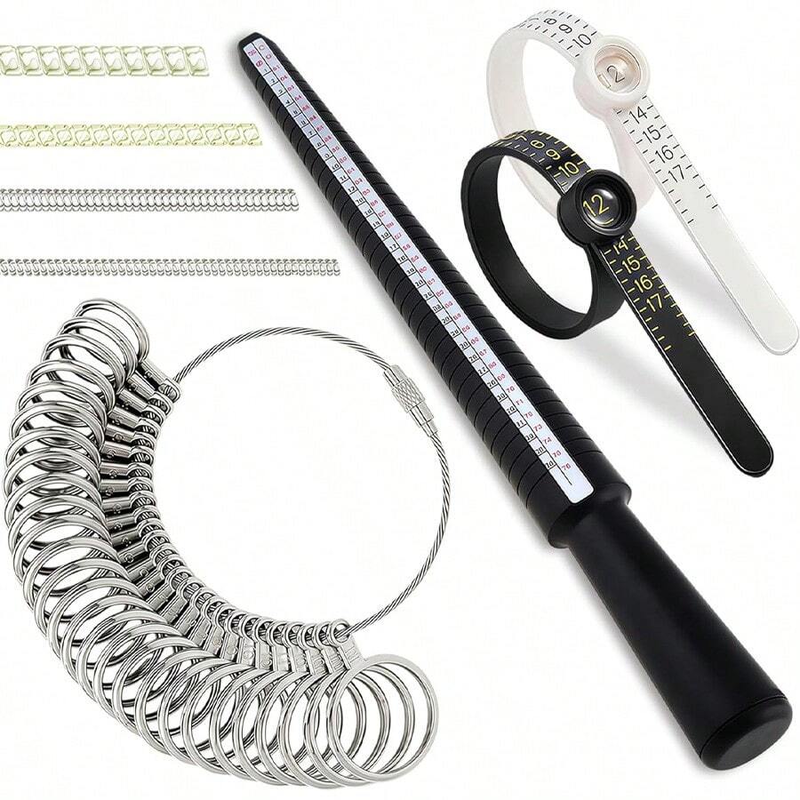KLONKEE 27件套缝纫测量工具套装,包含:美码0-13号钢制戒指尺寸测量器、4根美/英码尺子、2个美码1-17号手指尺寸测量器、4个男女通用可调节手指尺寸规。 - 珠寶測量工具 - 查看 1