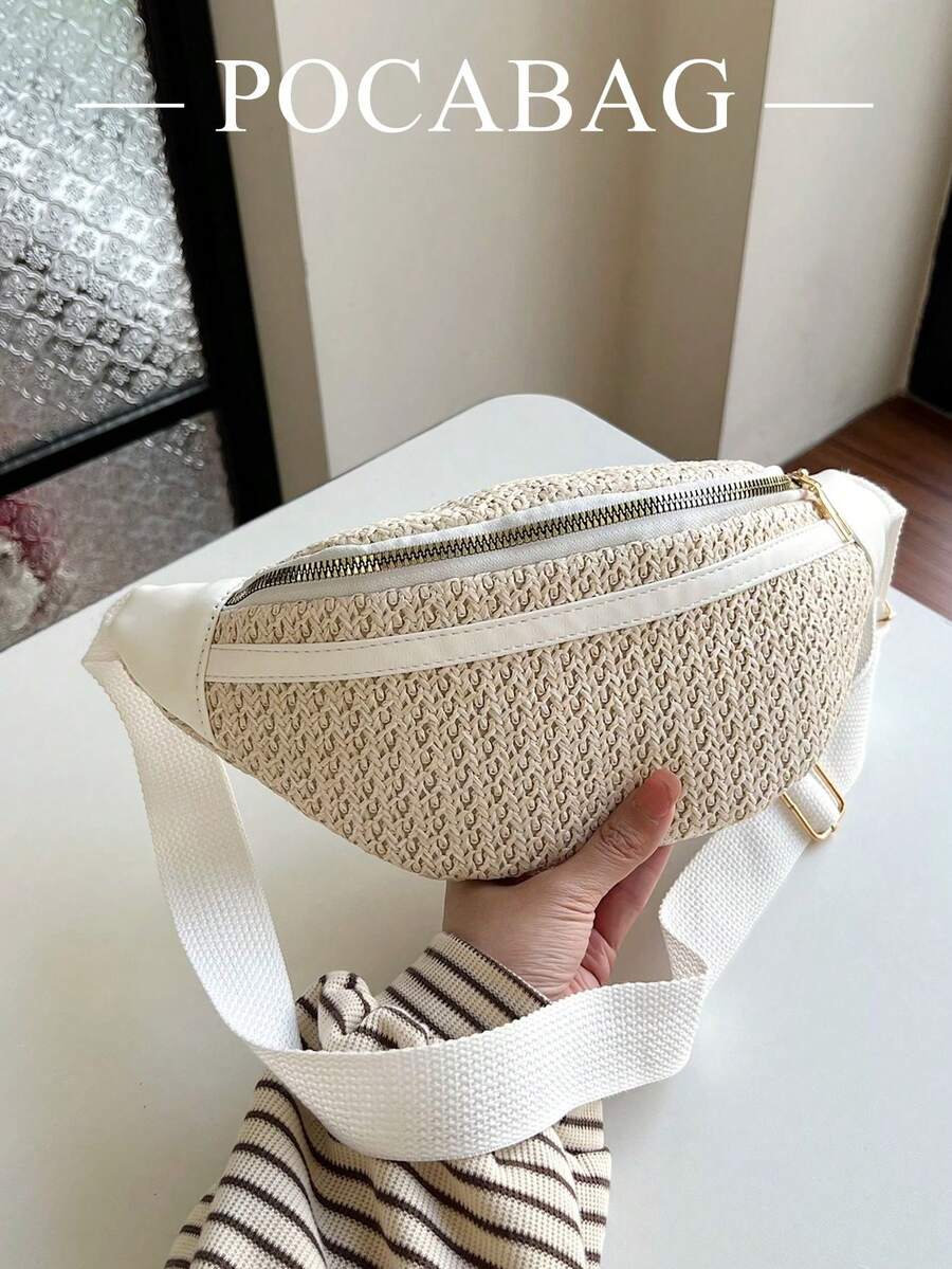 女士夏季编织胸包，休闲百搭腰包，独特设计草编单肩包，通勤骑行包