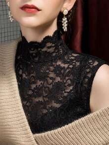 French Retro High Neck Lace Sleeveless Top, Sexy Sheer Fitted Slim Camisole For Work And Daily Wear Casual Black Summer - Black - View 1