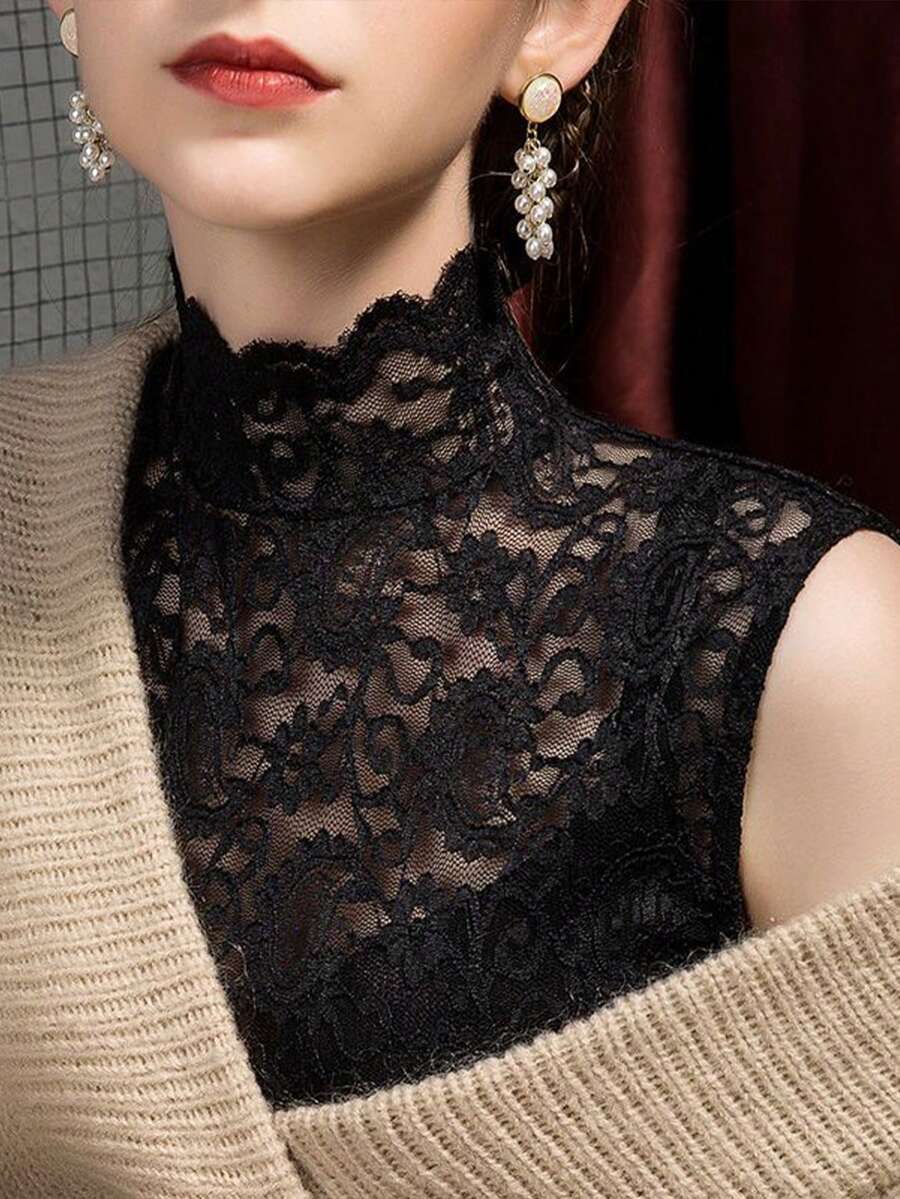 French Retro High Neck Lace Sleeveless Top, Sexy Sheer Fitted Slim Camisole For Work And Daily Wear Casual Black Summer - Black - View 1
