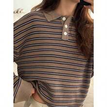Argeousgor Y2k - Camisa de rugby a rayas para mujer manga larga con cuello playera de polo preppy para niñas ropa de calle - Hermoso caqui. - Ver 3