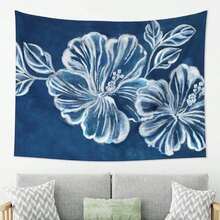 DTKJF Blue Floral Tapestry Wall Hanging - Soft Suede Fabric, Horizontal Design For Home & Party Decor, Indoor Use, Elegant Blue Flower Pattern On Dark Background - 彩色 - 查看 8