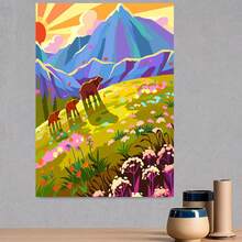 1 pieza, pintura de diamantes 2D con paisaje de pradera montañosa, que muestra varios osos caminando en el césped, rodeados de flores coloridas, con montañas distantes y un sol naciente en el fondo, colores vibrantes y brillantes, ambiente natural - Enmarcado - Ver 4