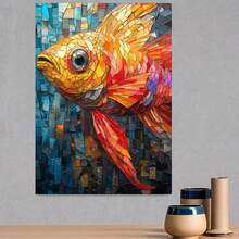 Lienzo con diseño de obra maestra oceánica vibrante - Marco de madera de 16" x 24", diseño de mosaico de peces coloridos, perfecto para la decoración del hogar y la oficina, añade encanto costero, lienzo envuelto en un original marco decorativo - Enmarcado - Ver 4