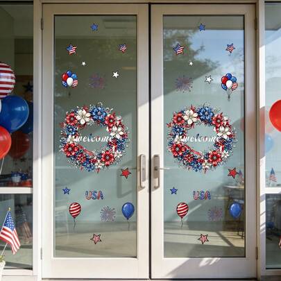 1/4 قطعة ملصقات زجاجية وطنية أمريكية، ملصقات ديكور إكليل زهور لعيد الاستقلال 4 يوليو، ملصقات نجوم وأعلام أمريكية قابلة لإعادة الاستخدام لديكور المنزل والمطبخ والنوافذ والأبواب في عيد الاستقلال
