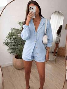 Combination Set Consisting Of A Long-Sleeved Top And Shorts. - 霧霾藍 - 查看 2