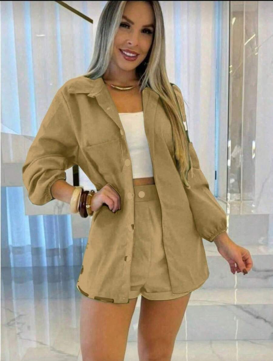 Combination Set Consisting Of A Long-Sleeved Top And Shorts. - 卡其色 - 查看 1