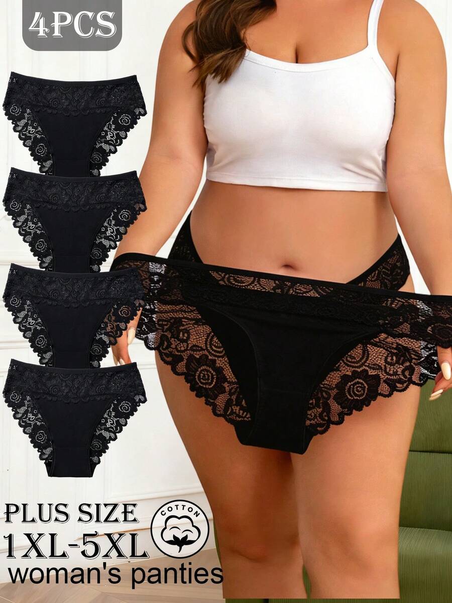 4件套女士加大码内裤 - 花卉蕾丝高端设计，弹力透气中腰内裤，超柔软精致蕾丝，日常穿着舒适（必备组合）