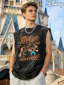 Disney Goofy 1938 Checkered Officially Licensed Men's Sleeveless Graphic Tee, 100% Cotton 230g Washed Vintage Casual Shirt - 黑色 - 查看 3