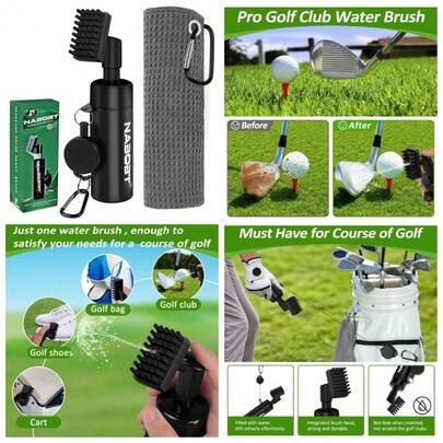 Golf Towel And Brush Cleaning Set With Water Bottle, Premium 16x16 Inch Microfiber Towel, Club Scrubber And Retractable Clip, Complete Golf Gear Accessories For Men