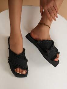 Women's Flat Sandals, Black Slip-On Tassel Lace-Up Square Toe Criss-Cross Strap Open Toe Minimalist Casual Outdoor Vacation Beach Shoes, Young - Black - View 4