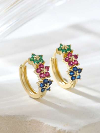 1对精致彩色锆石花朵簇状耳环，时尚镀金小花朵耳环，适合女孩的夏季美学首饰