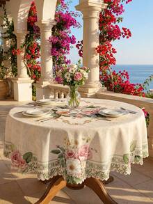 1件粉色玫瑰桌布，复古花卉图案，涤纶面料，圆形/方形/长方形可选，蕾丝花边，防污可水洗，家居装饰，婚礼，母亲节，父亲节，节日庆典，厨房餐桌，四季皆宜 - 彩色 - 查看 10