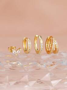4PCS Round Geometry 18K Gold Plating Hoop Earrings Set For Women Daily Wear Zirconia Leaf Earring Piercing Jewelry Gift - 1-gold-4PCS - View 3