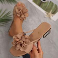 Women's Flat Thong Sandals, Floral Decor, Crystal Heel Beach Slippers - Apricot - View 1