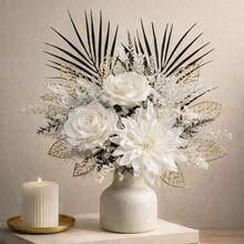 1 Bouquet Containing White Rose, Frosted Flower, Bud Flower, Gold Vein Leaf, Long Brown Leaf, Fine Branch Flower And Shaped Branch, Overall Black, White And Gold Color Scheme, Suitable For Living Room Coffee Table, Foyer Cabinet And Model House Soft Decoration - Multicolor - View 2