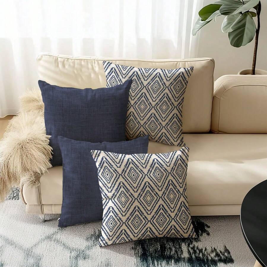 Bộ 4 vỏ gối phong cách Bohemian cổ điển, họa tiết hình học, thiết kế tối giản sang trọng, siêu mềm mại thoải mái, khóa kéo ẩn, có thể giặt máy, vỏ gối trang trí nhà cửa cho ghế sofa, phòng khách, phòng ngủ, không kèm ruột gối. - Xanh nước biển - Xem 1