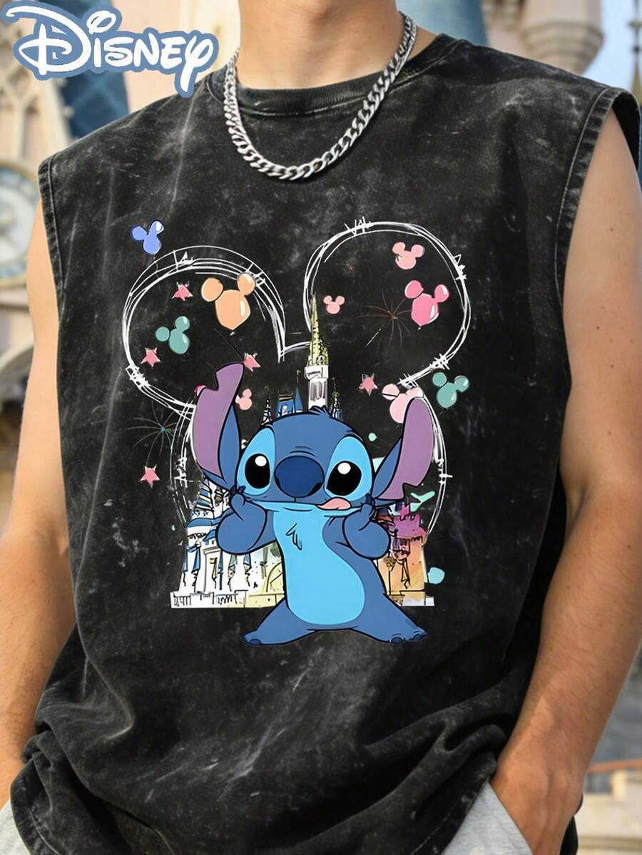 Disney Lilo & Stitch Castle Officially Licensed Men's Sleeveless Graphic Tee, 100% Cotton 230g Washed Vintage Shirt - Black - View 1