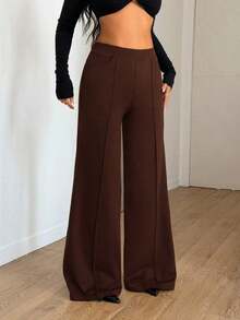 Pantalones anchos negros de mujer, con cintura alta, corte ajustado y tejido elástico.Diseño favorecedor que estiliza las piernas, con bolsillos.Ideal para looks de oficina, trabajo, deportes y uso diario en primavera y verano. - Café integral - Ver 2