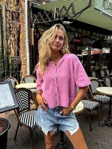 Women's V-Neck Short Sleeve Cardigan, Front Button Decor, Minimalist & Fashionable Casual Style, Suitable For Daily Commute, Lovely Sweater Spring - 棕色 - 查看 1