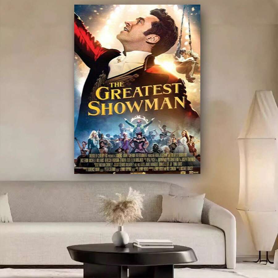 Enmarcado Lienzo plano 2D, 1 unidad de impresión artística en lienzo plano 2D , póster de la película 'El gran showman' con Hugh Jackman como PT Barnum - Decoración artística para cine en casa u oficina - un regalo para los fanáticos del teatro musical, decoración para fiestas de películas - Enmarcado - Ver 1