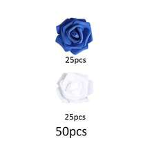 50 piezas de rosas artificiales azul real + blanco, flores de espuma de plástico, adecuadas para decoración central de boda DIY, decoración del hogar, decoración estacional y manualidades, uso versátil para decoración de fiestas festivas - Azul marino y blanco - Ver 8