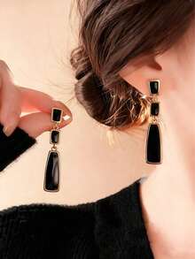 一对黑色滴油几何优雅奢华百搭耳环，适合女性日常、节日和派对佩戴 - 幾何 - 查看 2