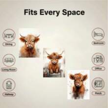 三联水彩高地牛帆布画套装（不含框），经典动物肖像主题画作，优雅的农舍和现代装饰风格，适合客厅和儿童房，是艺术和动物爱好者的理想礼物。 - 多色 - 查看 5