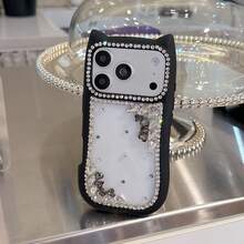 Casing Ponsel Motif Telinga Kucing dengan Bingkai Hitam dan Berlian Imitasi, Kompatibel dengan iPhone 17 Pro Max, 17 New, 16 Pro Max/15 Pro Max, Pelindung Ponsel Mewah dan Elegan, Kompatibel dengan iPhone 14/13 - Hitam - View 3