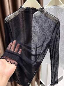Black Lace Mesh Turtleneck Undershirt, Sheer Long Sleeve Blouse, Lightweight Spring/Autumn Top Casual - Black - View 2