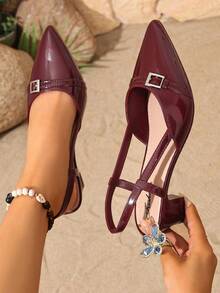 2026春夏新款闭趾粗跟穆勒凉鞋，尖头中跟鞋，适合搭配连衣裙 - 酒紅色 - 查看 2