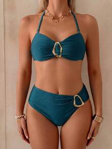 Conjunto de Bikini de Dos Piezas con Tirantes Finos de unicolor para Mujer, con Accesorio Metálico en el Centro, Adecuado para Vacaciones en la Isla, Playa y Verano - Agua verde azul - Ver 1