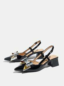 Giày sandal mùa hè cho nữ, giày cao gót thanh lịch cho nữ, sandal đen ngày của mẹ, sandal mũi nhọn gót chunky mùa hè mới, giày mules da bóng với nơ tương phản màu bạc, giày cao gót vừa phải thoải mái kiểu Pháp, giày cao gót đen thanh lịch đa năng cho váy, công sở, hẹn hò, kỳ nghỉ, sandal hở mũi quai ngang mắt cá chân màu đen/giày cao gót bạc thời trang. - màu đen - Xem 8