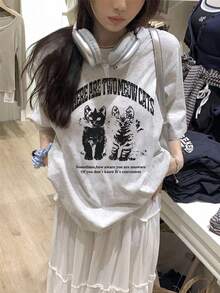 女款圓領寬鬆休閒T恤，可愛貓咪字母印花，適合春夏穿著 - 淺花灰 - 查看 4