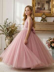 Tween Girl Elegant Pink Long Tulle Dress, V-Neck Backless Sequin Decor Detachable Big Bow Fluffy Mesh Formal Gown, Suitable For Wedding, Birthday Party, Banquet, Prom, Graduation Ceremony, Important Occasions, Evening Wear, Travel, Photography - Pink - View 6