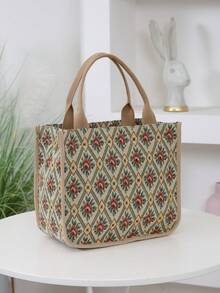 Túi tote vải jacquard họa tiết hoa mới, được làm từ chất liệu vải dày dặn, phù hợp cho việc đi làm và mang theo hàng ngày. Có khóa kéo và túi phía trước, có thể dùng như túi xách tay hoặc túi đựng tã. - Màu Khaki - Xem 4