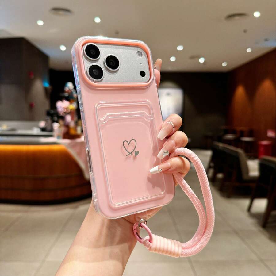 1个心形图案二合一卡槽手机壳，配有同款腕带，时尚简约设计，兼容 11/12/13/14 Pro/15 Plus/16/17 Pro Max/Air - 粉色 - 查看 1