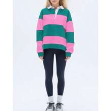 Sudadera tipo polo de rayas para mujer manga larga con cuello de solapa de gran tamaño de rugby 2025 ropa de otoño - Rosa verde - Ver 3