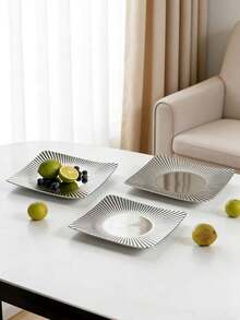 1pc Creative Luxury Stainless Steel Fruit Plate, Minimalist Square Striped Fruit Tray, Home Living Room Tea Table Snack Candy Dessert Cake Plate, Nuts Tray, Key Holder Decorative Piece, Suitable For Living Room, Dining Room, Dessert Shop, Wedding, Party, Available In 3 Sizes - Multicolor - View 6