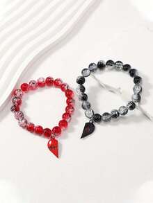 2件装黑红冰碎玻璃圆珠情侣手链哥特风心电图爱情吊坠情侣磁性手链玻璃珠手链节日礼物 - 查看 3