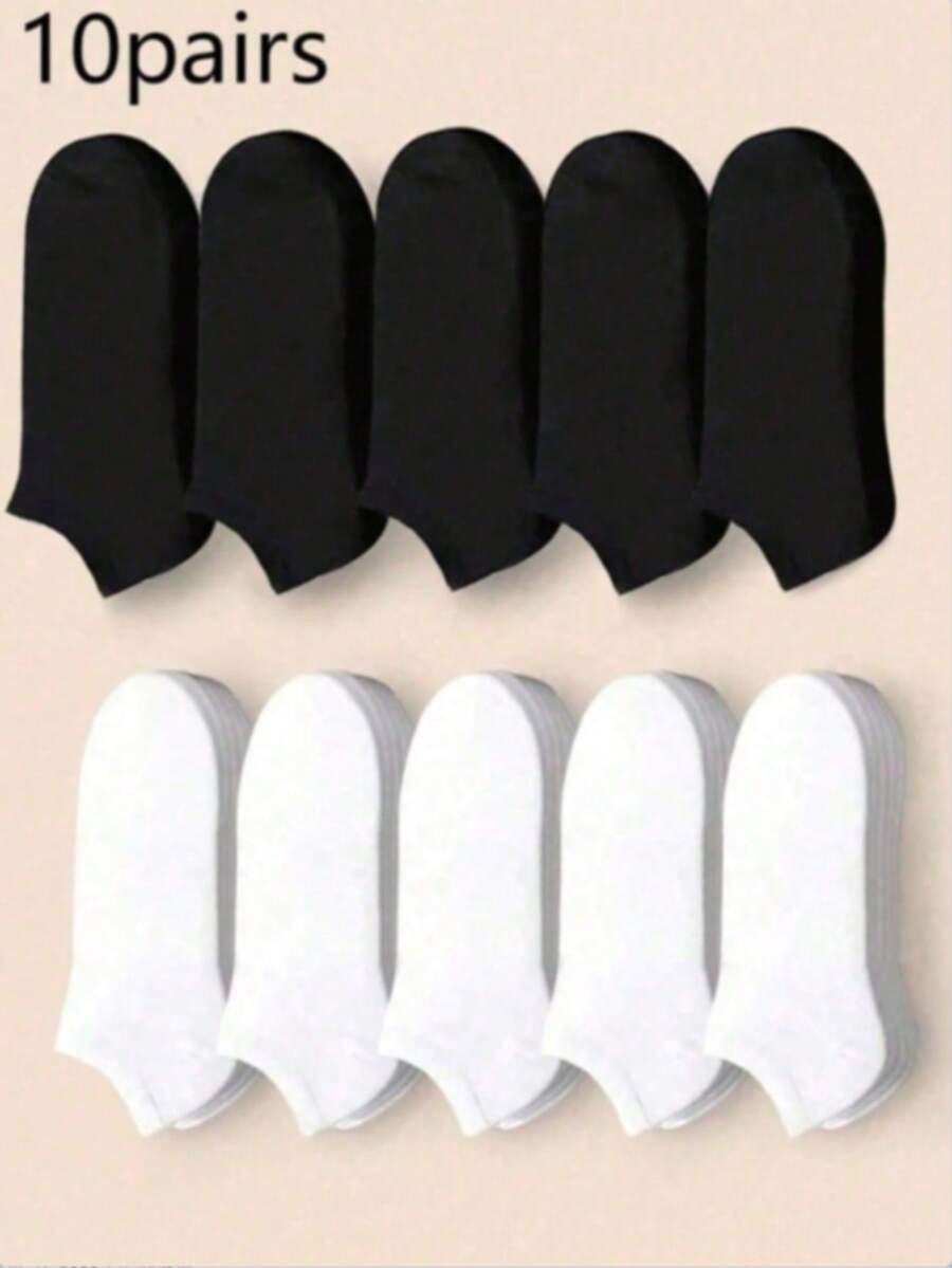 10 Pairs Men's Black & White Summer Invisible Short Socks, Minimalist & Practical - Black and White - View 1