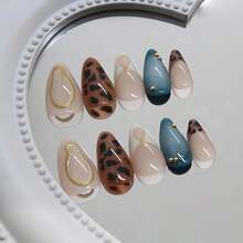 Press On Medium Almond Brown Leopard French Tip Glue With 3D Gold Star Charms Full Cover False Blue White Gradient Stick On Nails - 24pcs - 預設 - 查看 2