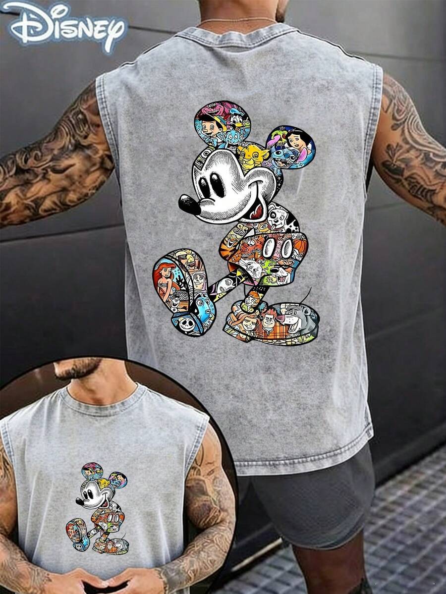 Disney Official Licensed Mickey Mouse Disney Characters Collage Vintage Washed 230g Tank Top Unisex - 灰色 - 查看 1
