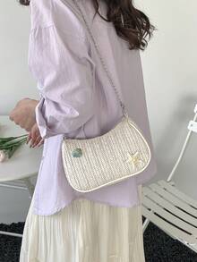 海洋元素海星贝壳配饰，春夏新款时尚手提包，草编单肩包，休闲新月包，纯色链条时尚新月腋下单肩优雅包，女士 - 卡其色 - 查看 7