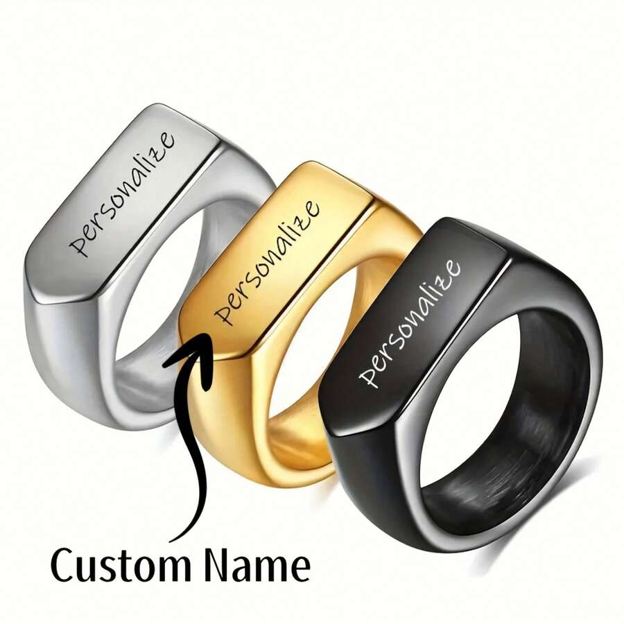 Personalized Custom Ring, Suitable For Both Men And Women, Featuring Customizable Names, Letters, And Numbers. This Stylish -Shaped 304 304 Stainless Steel Ring Comes In Silvery And Golden With Custom Engraving. It Makes A Great Gift For Father - Multicolor - View 1