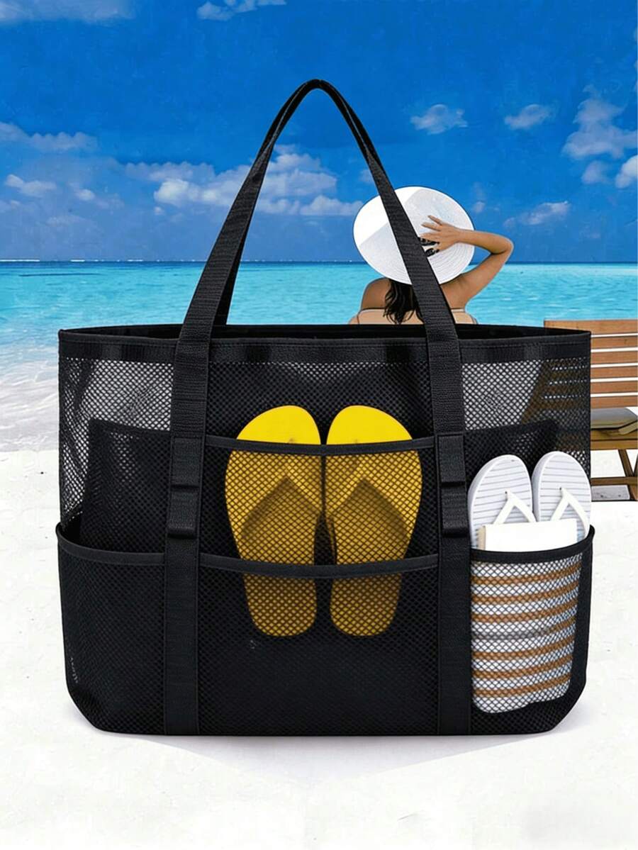 Large Mesh Beach Bag With Zipper Pocket, Essential For Family Travel, Vacation, Cruise - Black - View 1