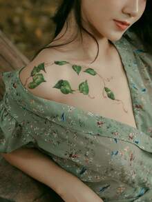 1pc Green Leaf & Vine Pattern Temporary Tattoo For Women, Suitable For Daily, Party, Festival, Arm, Chest, Abdomen, Back, Body Decorative - Lá to - Xem 2