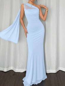 Women's Elegant Romantic Fashion Office Lady Sexy Slim Long Dress With Asymmetrical Shoulder Design, Suitable For Party, Beach Vacation, Back To School, Date, Wedding, Birthday, Easter, Spring/Summer Wedding Gown,Soft Romance - Màu tím  Violet - Xem 9