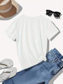 Camiseta con Estampado de Personajes Vintage, Top Casual de Manga Corta con Cuello Redondo, Adecuada para Primavera y Verano, Cómoda y Transpirable, Apta para Todas las Temporadas, Ropa de Mujer - Blanco - Ver 6